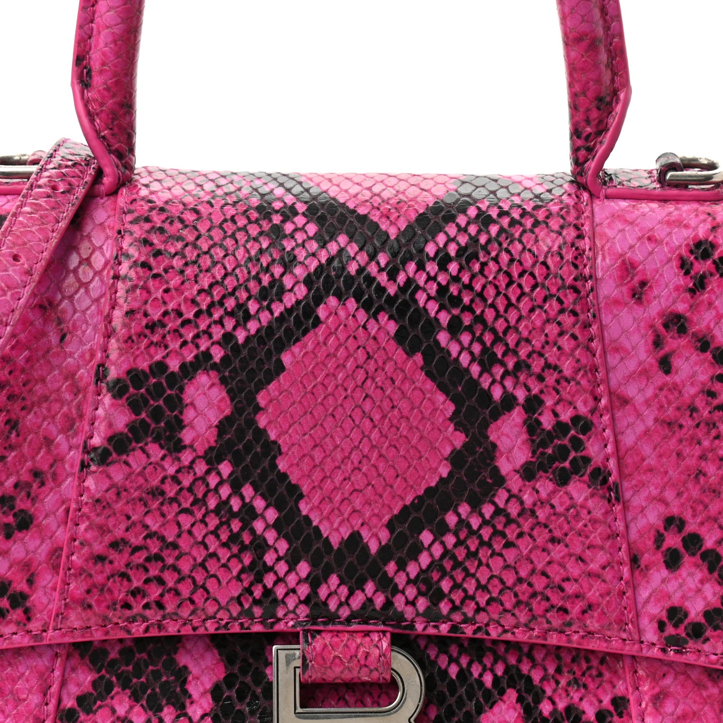 Shiny Calfskin Python Effect Small Hourglass Top Handle Bag Fuchsia Black