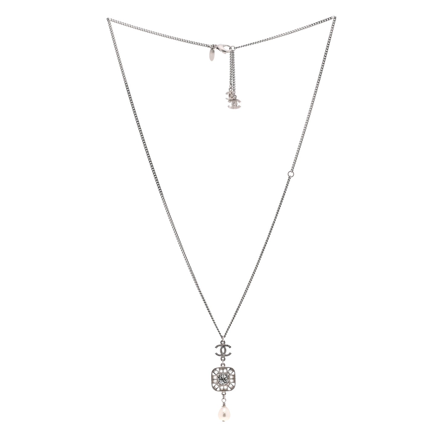 Crystal Baguette Pearl CC Necklace Silver