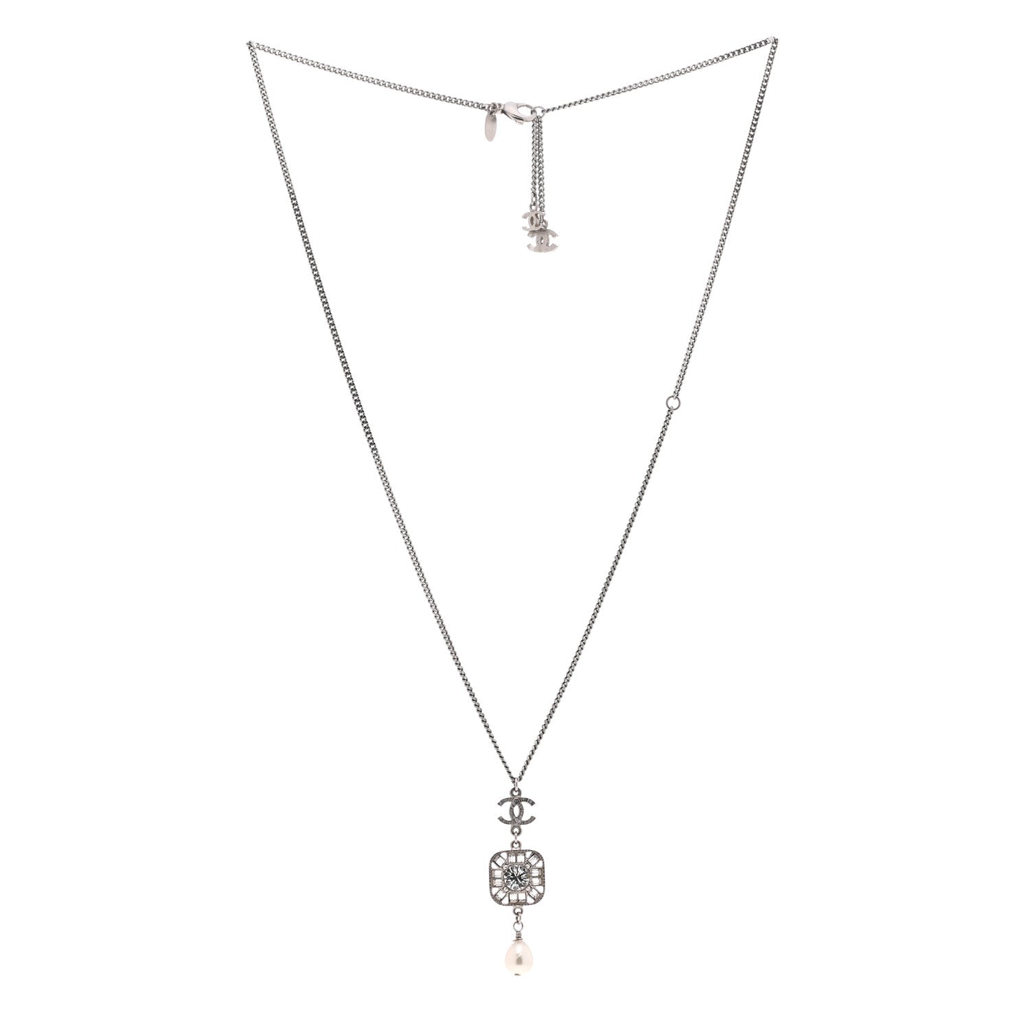 Chanel Crystal Baguette Pearl CC Necklace Silver 3 of 6