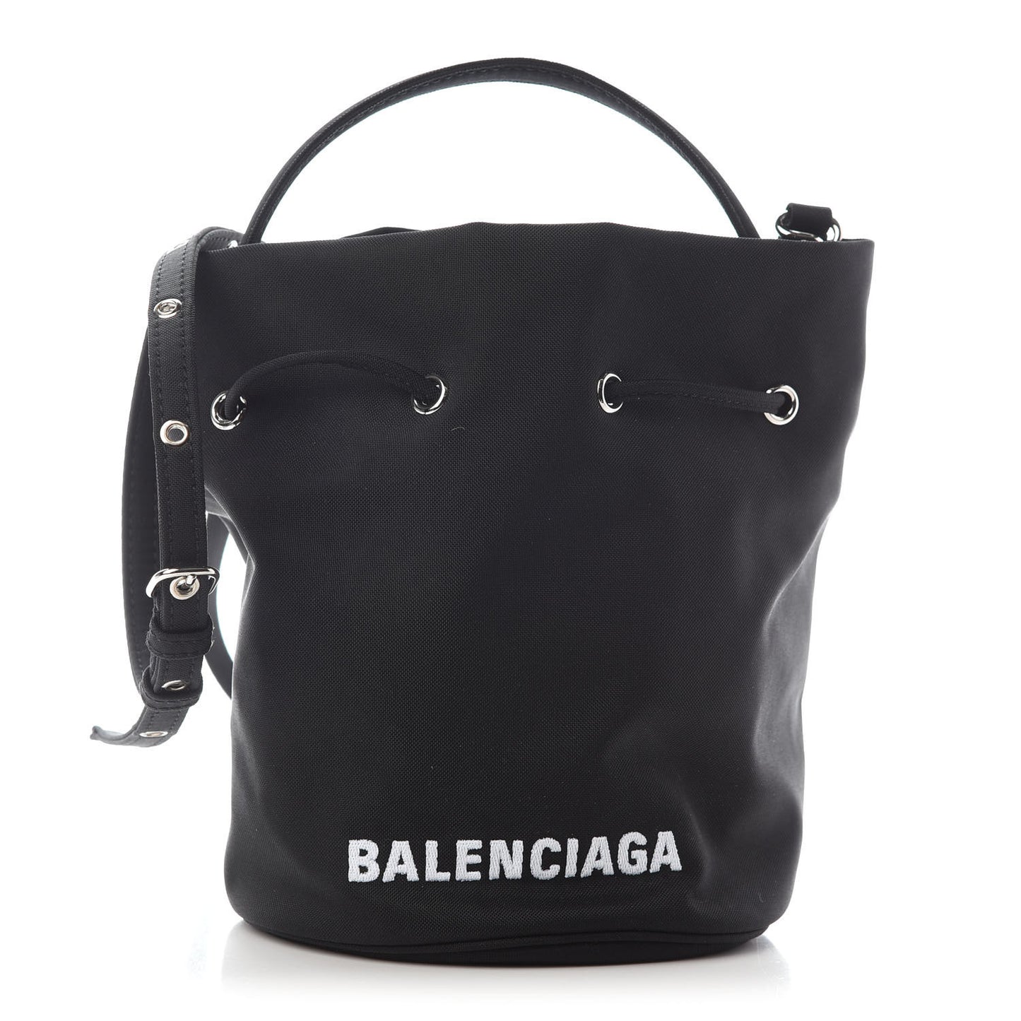 Recycled Sport Nylon Logo Embroidered Wheel Drawstring Bucket Bag Black