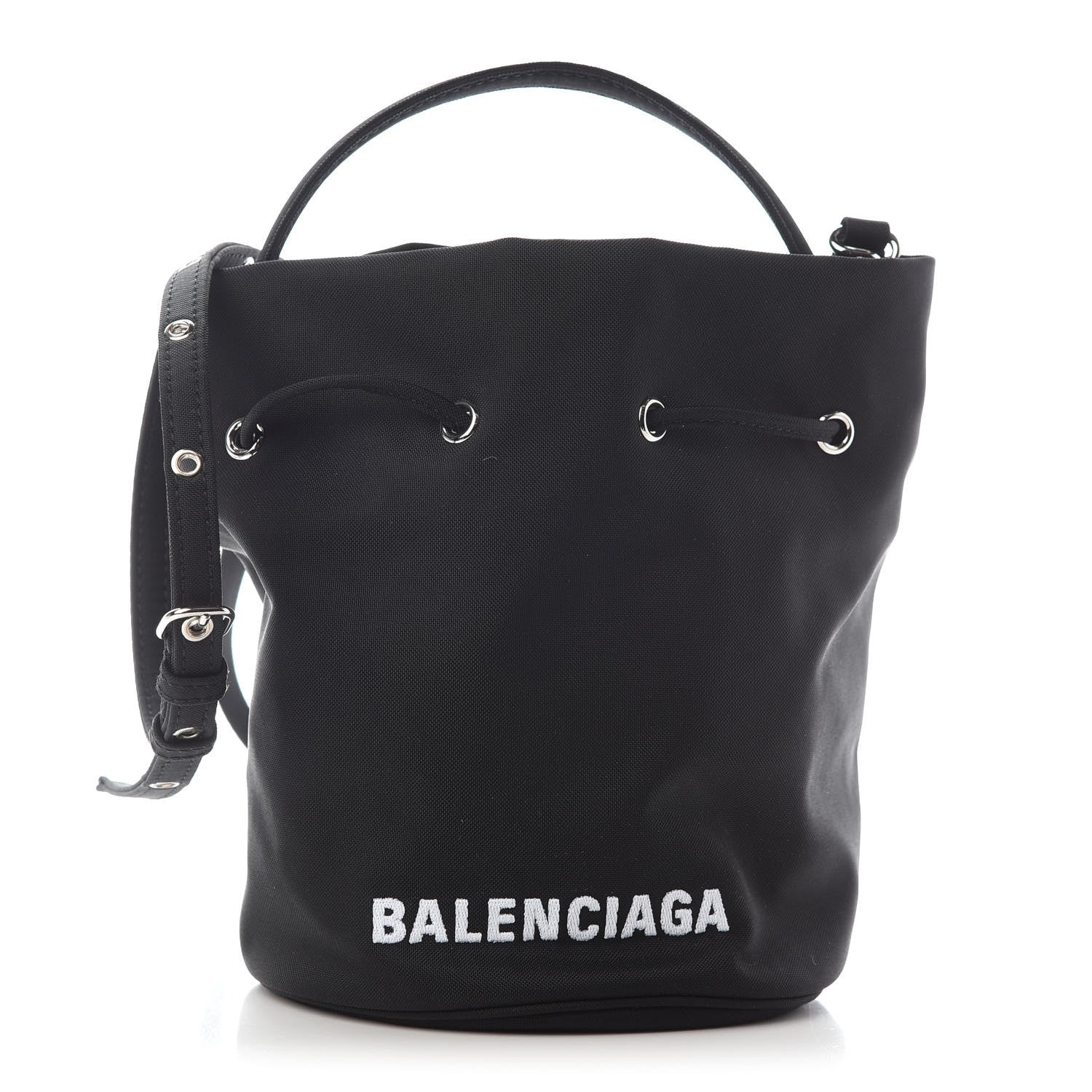 Balenciaga Recycled Sport Nylon Logo Embroidered Wheel Drawstring Bucket Bag Black 1 of 7