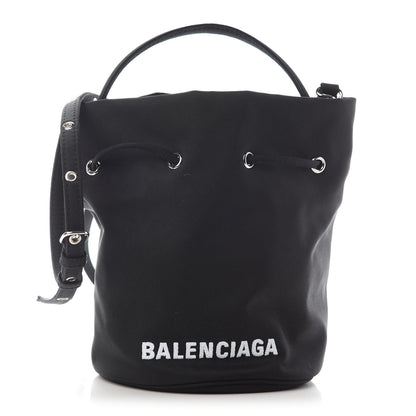Balenciaga Recycled Sport Nylon Logo Embroidered Wheel Drawstring Bucket Bag Black 1 of 7