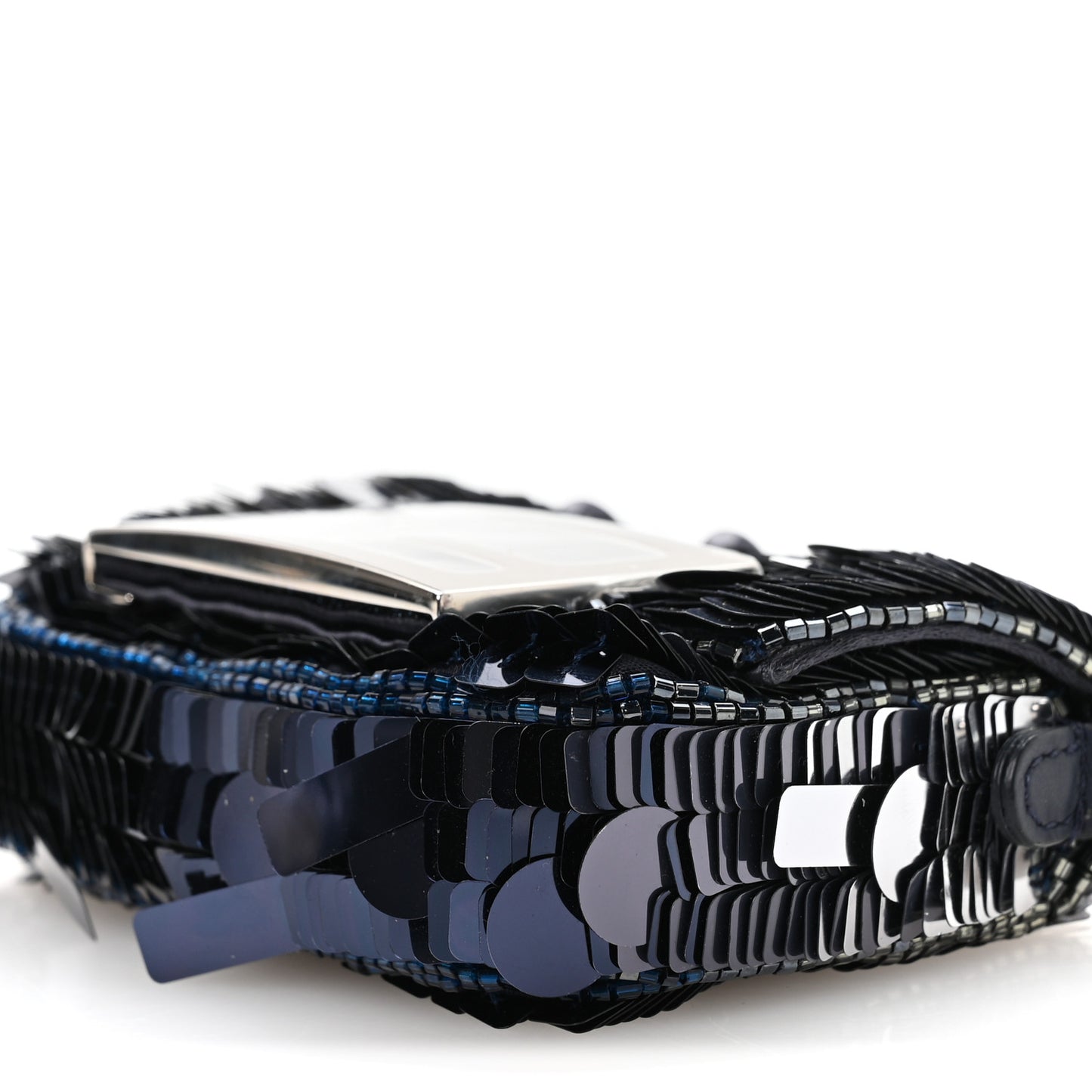 Sequin Paillettes Shiny Nappa Sex and the City Nano Maxi Buckle Baguette Charm Dark Blue