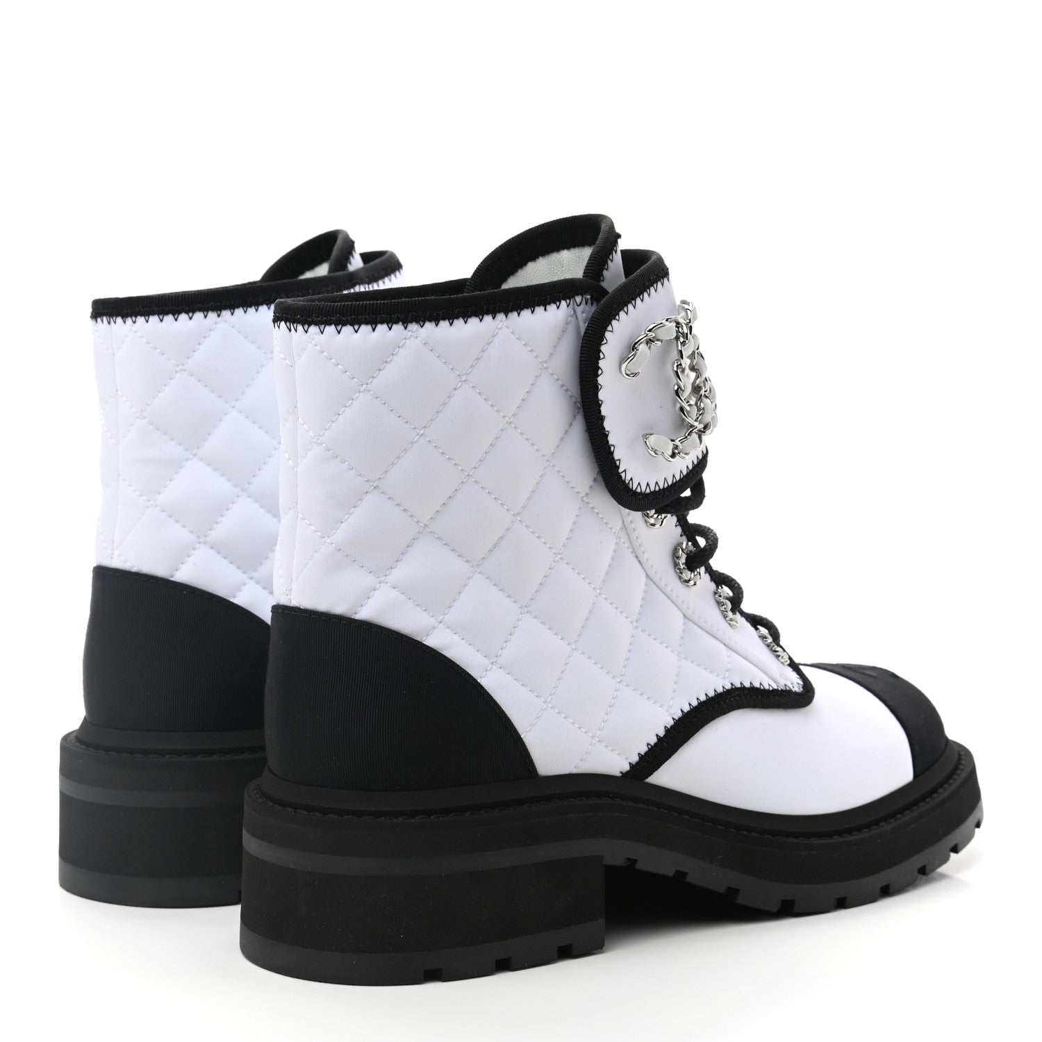 Chanel Fabric Grosgrain Quilted Cap Toe Lace Up Combat Boots 38 White Black 4 of 9