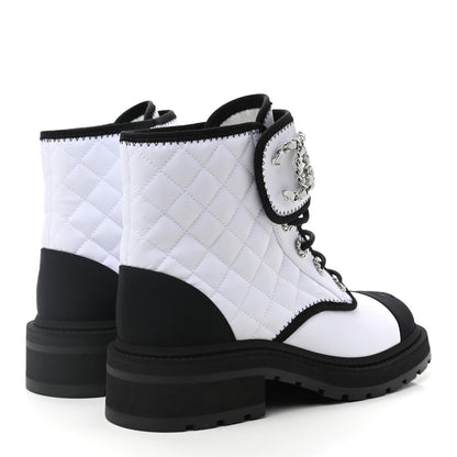 Chanel Fabric Grosgrain Quilted Cap Toe Lace Up Combat Boots 38 White Black 4 of 9
