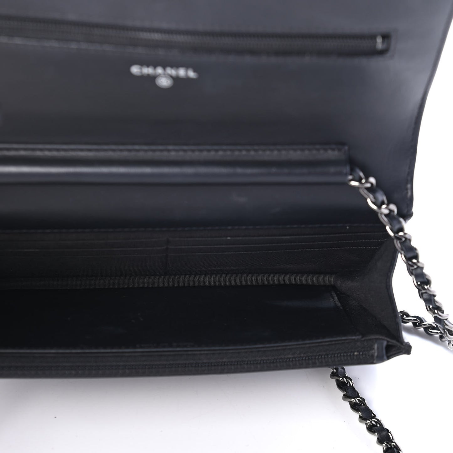 Patent Calfskin Quilted Boy Wallet On Chain WOC Black