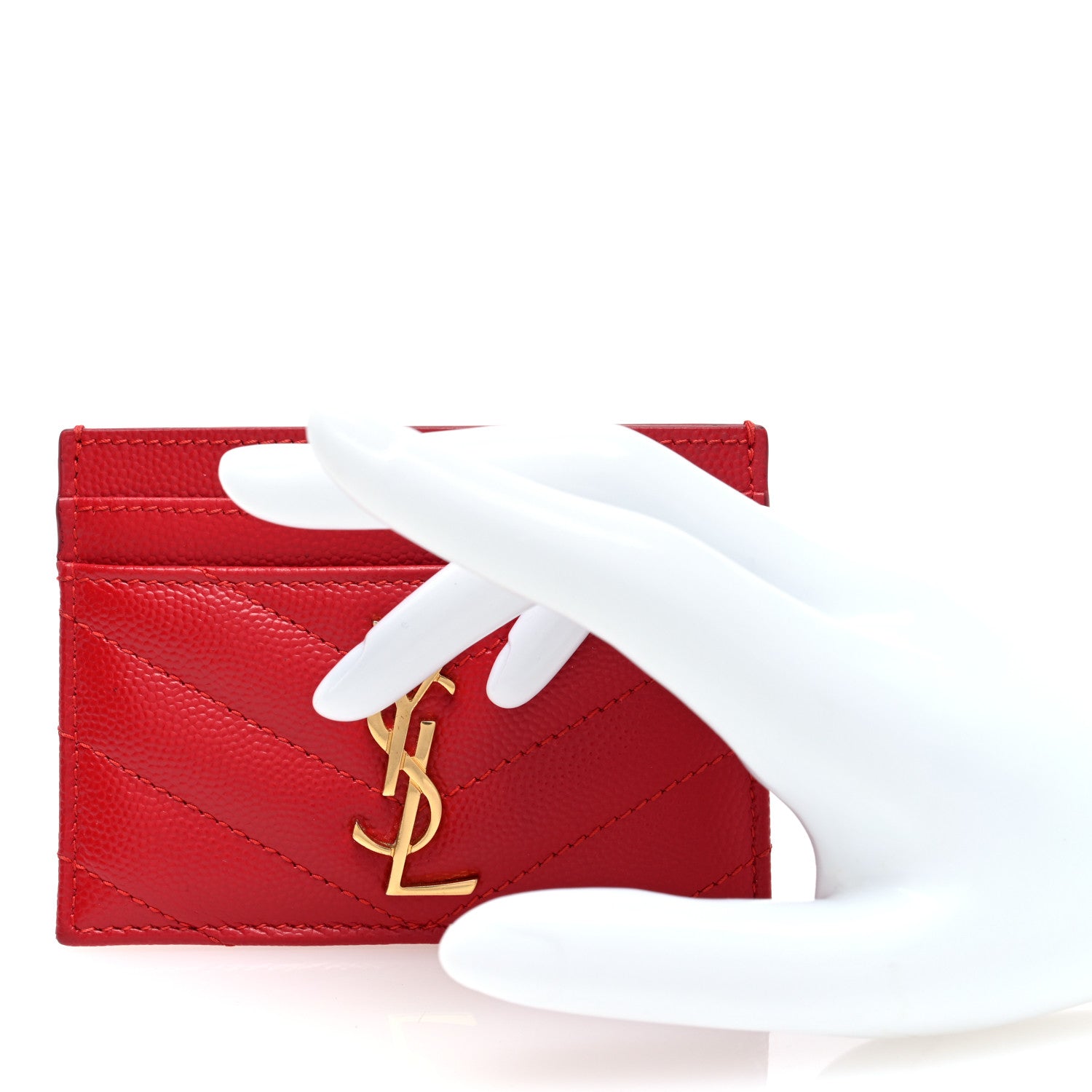 Saint Laurent Grain De Poudre Matelasse Chevron Monogram Credit Card Case New Red 2 of 7