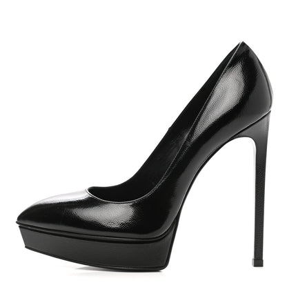 Saint Laurent Pebbled Patent Calfskin Janis 105 Platform Pumps 37 Black 1 of 9