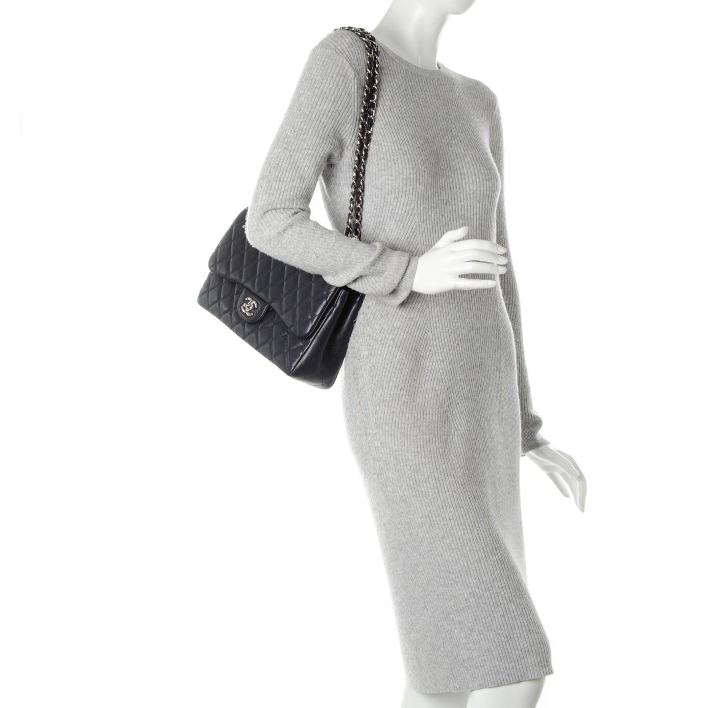 Caviar Quilted Jumbo Double Flap Navy Blue