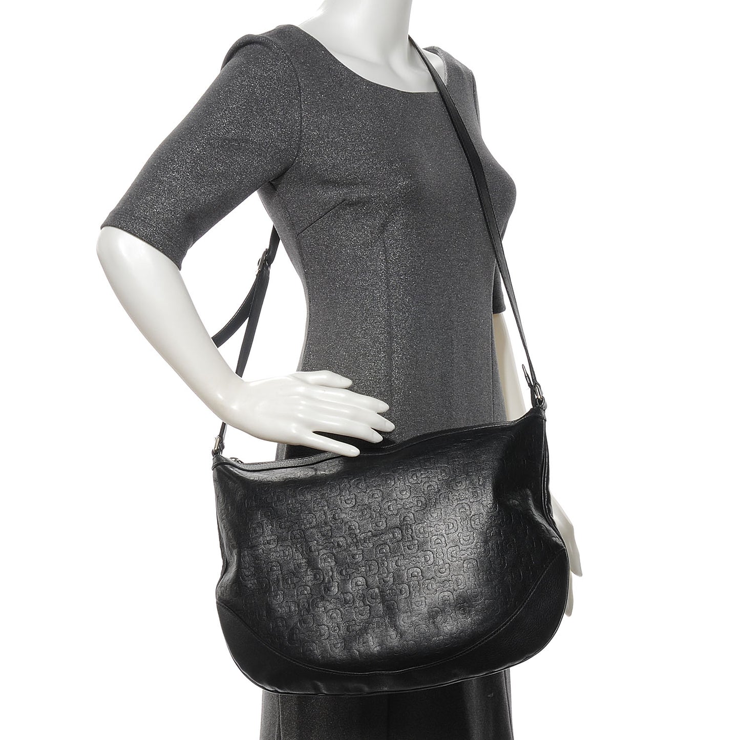 Calfskin Horsebit Embossed Large Half Moon Hobo Black