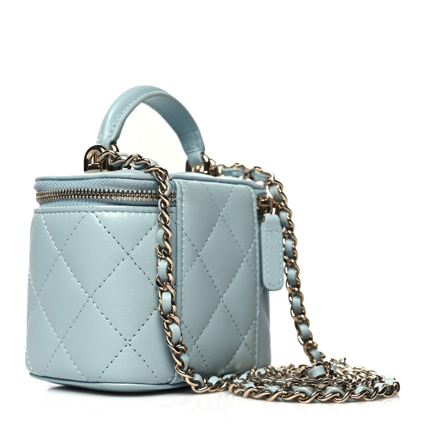 Lambskin Quilted Top Handle Mini Vanity Case With Chain Light Blue