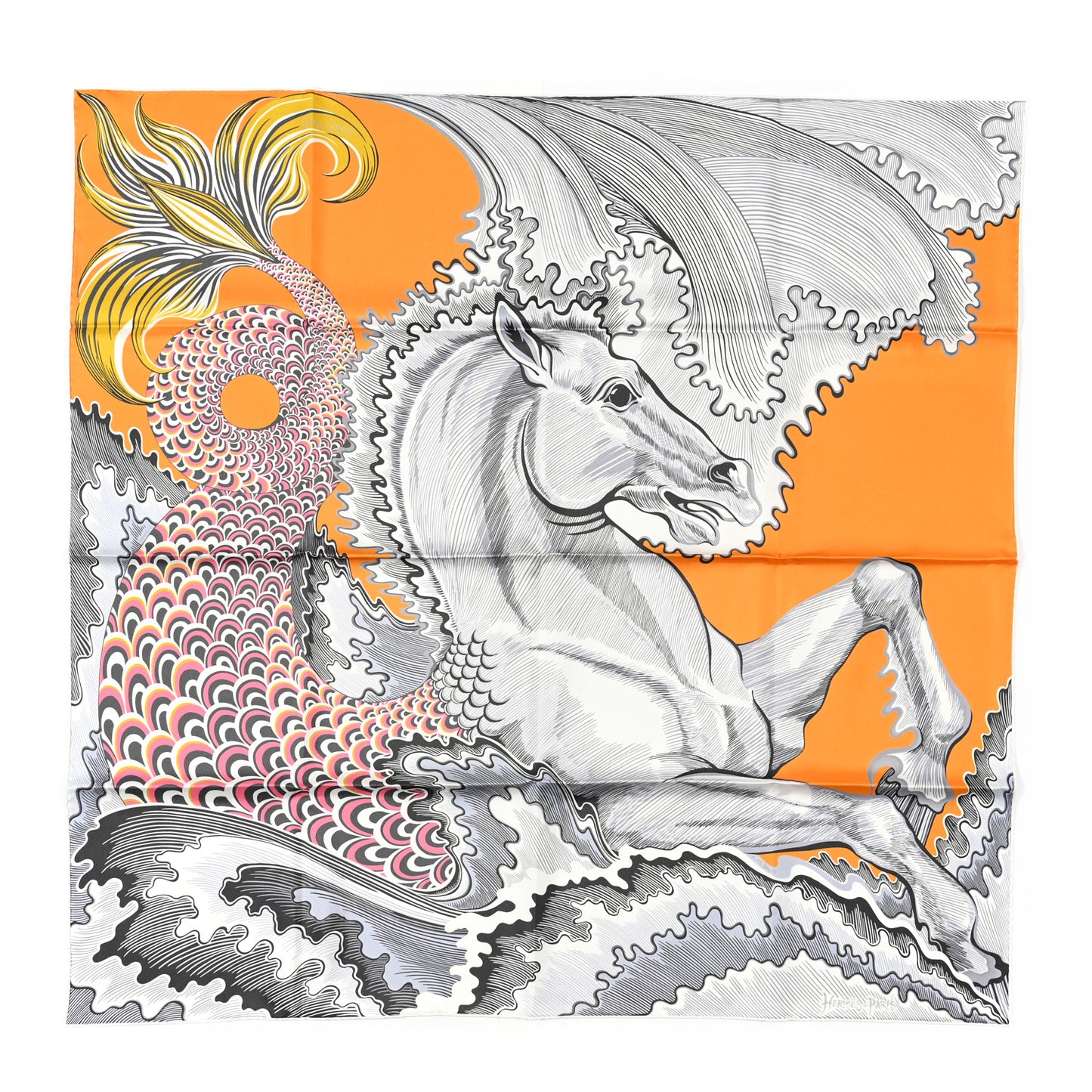Silk Cheval Sirene Double Face 90 Jaune D’or Gris Rose