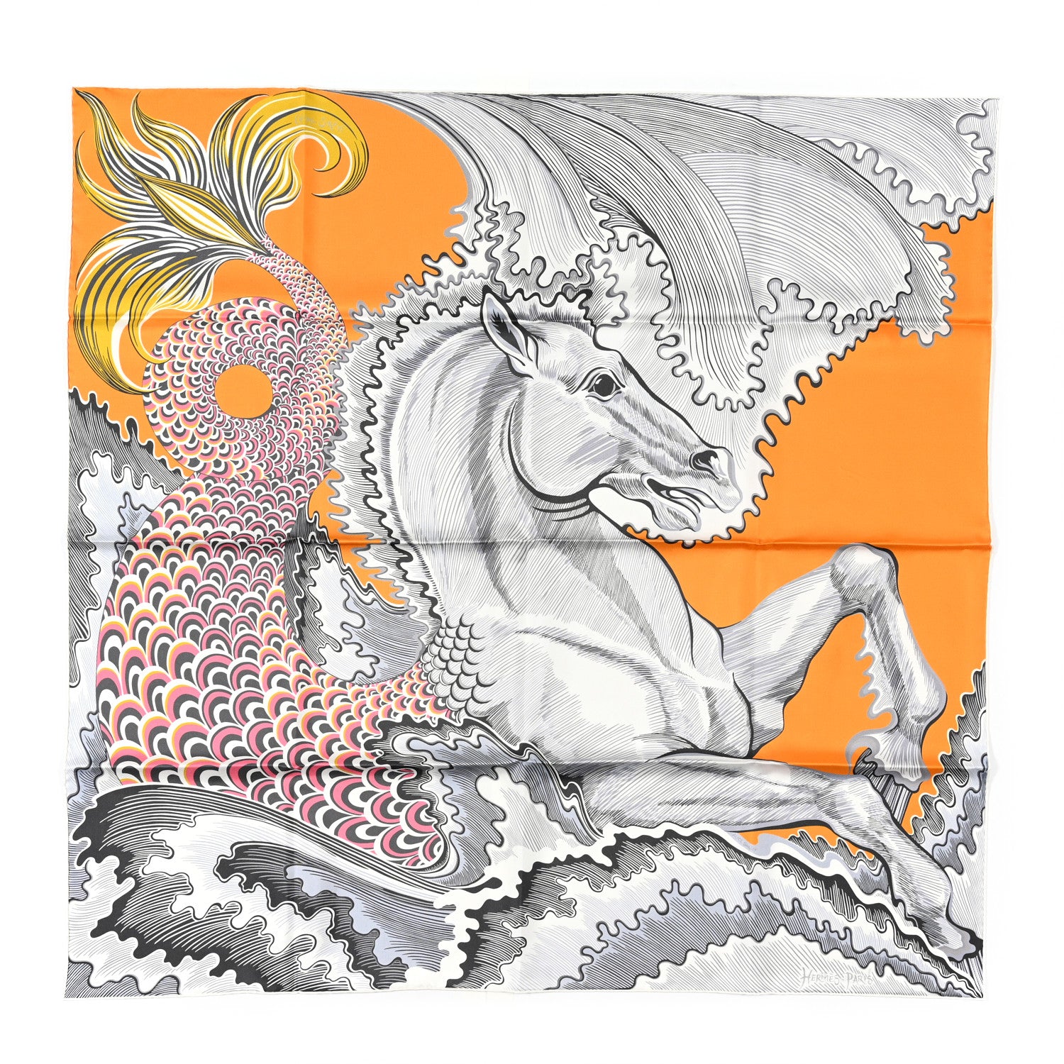 Hermes Silk Cheval Sirene Double Face 90 Jaune D’or Gris Rose 1 of 4