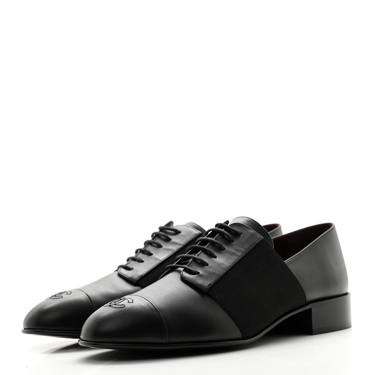 Calfskin Elastic Lace Up Cap Toe CC Loafers 40 Black