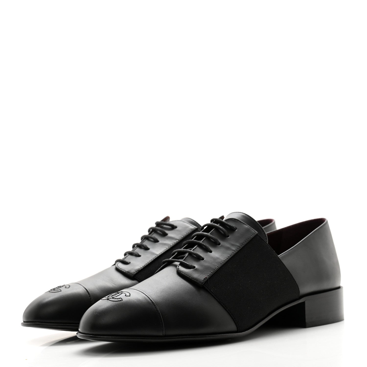 Chanel Calfskin Elastic Lace Up Cap Toe CC Loafers 40 Black 3 of 8