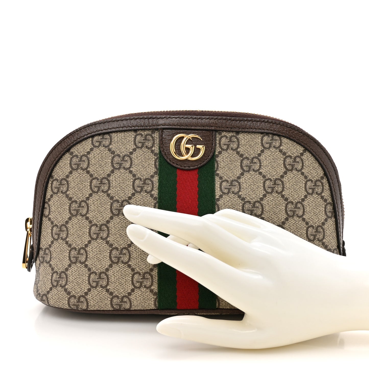 GG Supreme Monogram Textured Calfskin Web Large Ophidia Cosmetic Case Beige Ebony New Acero