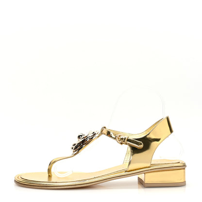 Chanel Metallic Patent Calfskin Camellia Thong Sandals 40 Gold 1 of 7