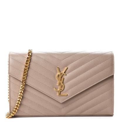 Saint Laurent Grain De Poudre Matelasse Chevron Monogram Walllet on Chain Dark Beige 1 of 11