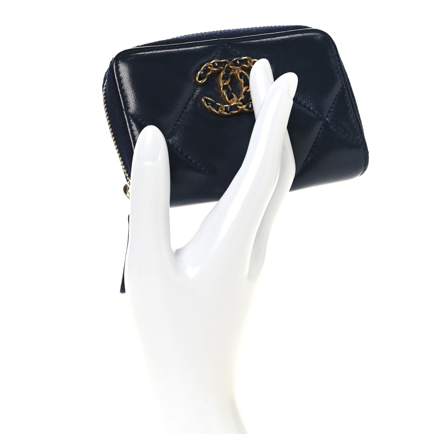 Lambskin Quilted Chanel 19 Zip Around Coin Purse Wallet Navy
