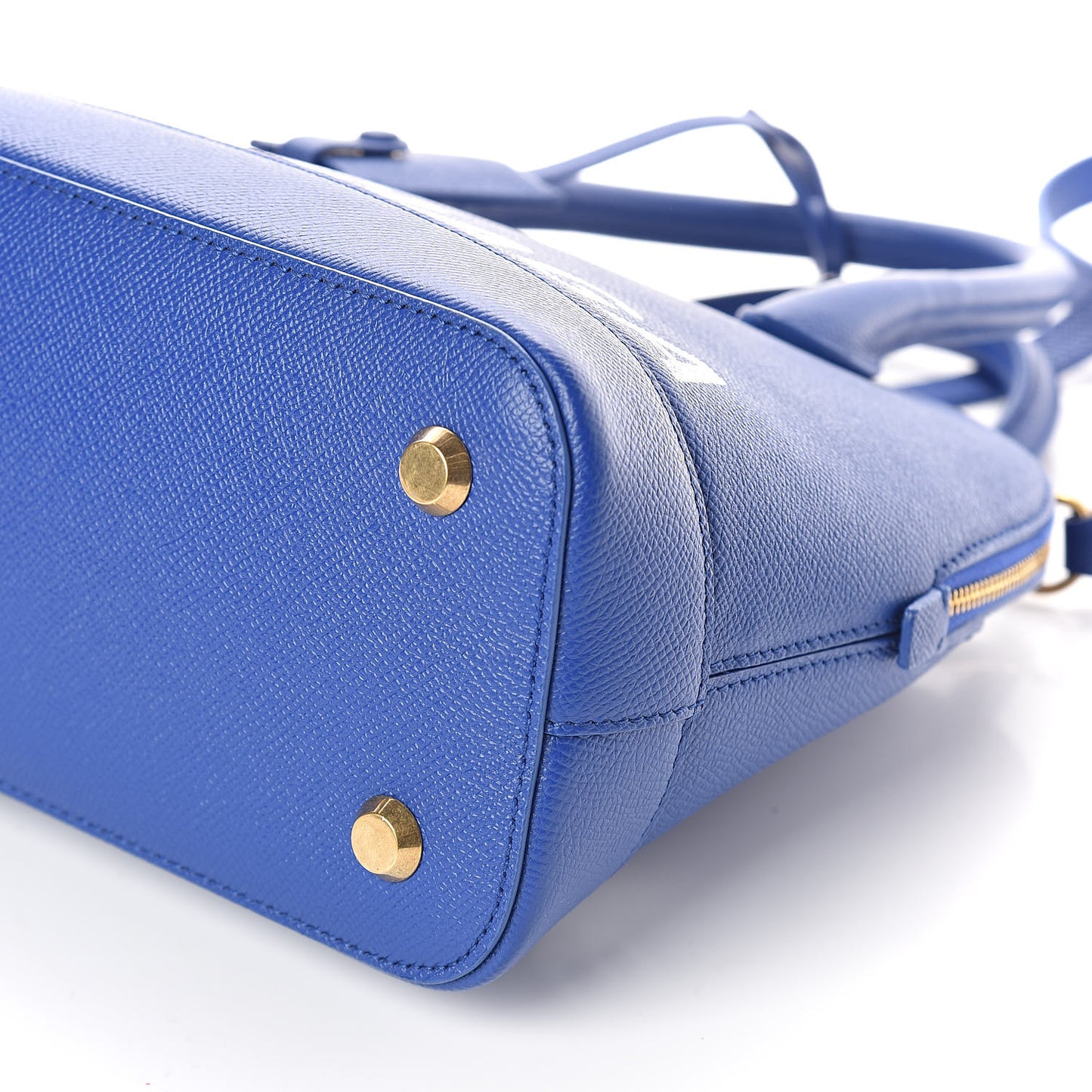 Signature Grained Calfskin Logo S Ville Top Handle Bag Bleu Roi White