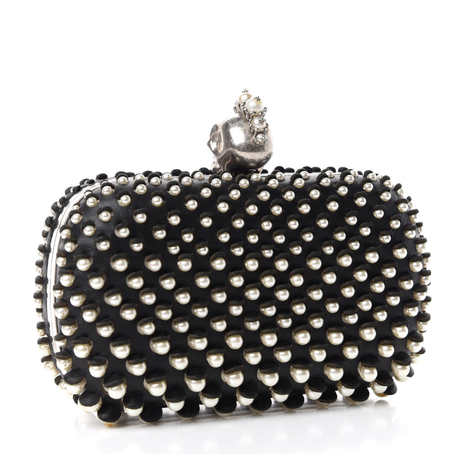 Pearl Embellished Calfskin Skull Box Clutch Black