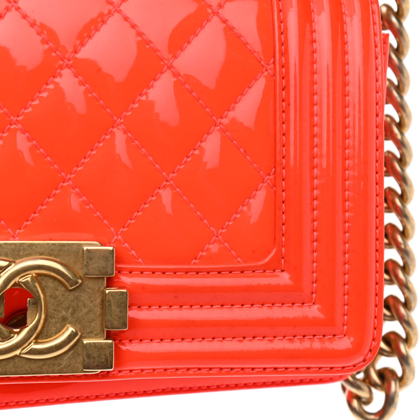 Patent Calfskin Quilted Small Boy Flap Orange