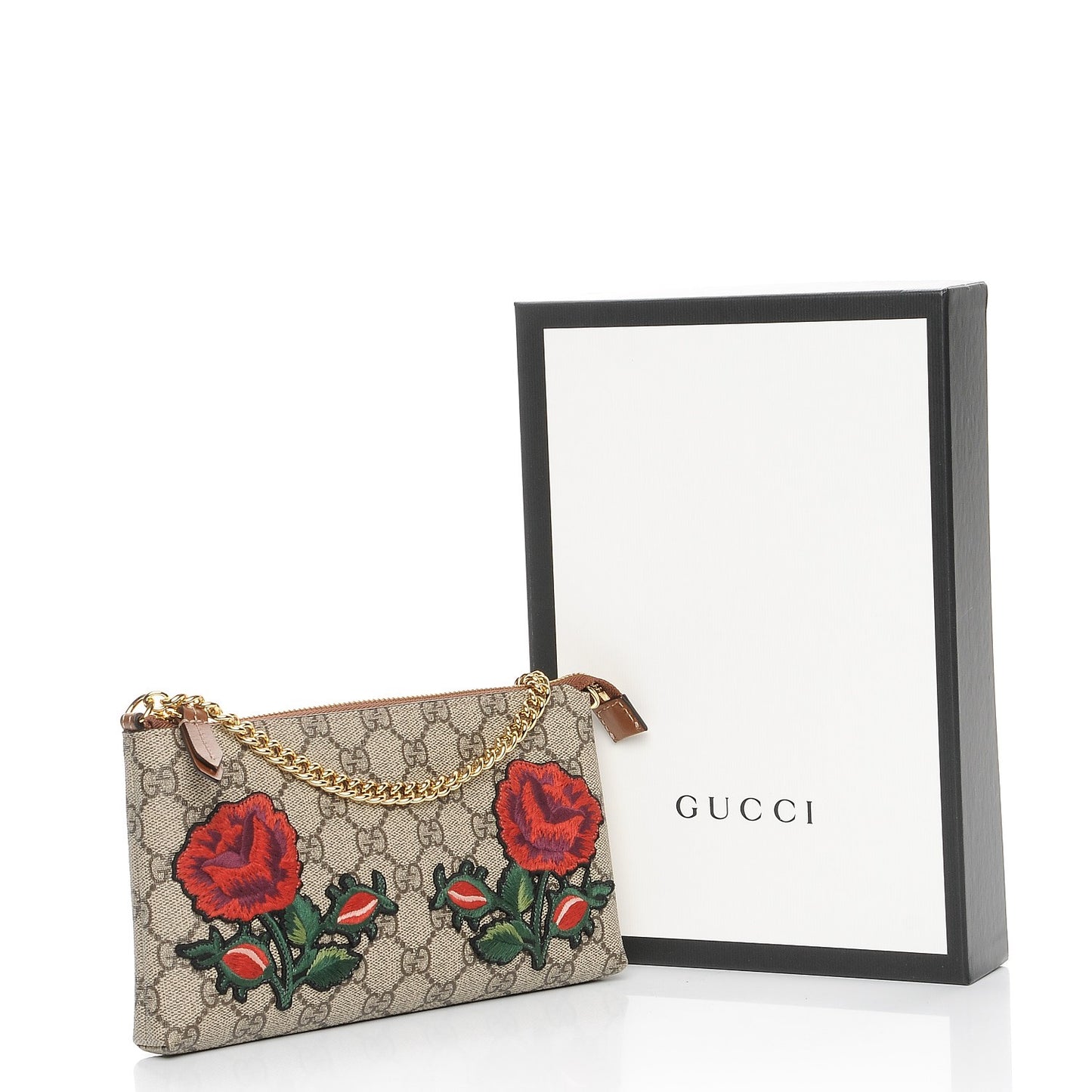 GG Supreme Monogram Embroidered Roses Chain Wrist Wallet