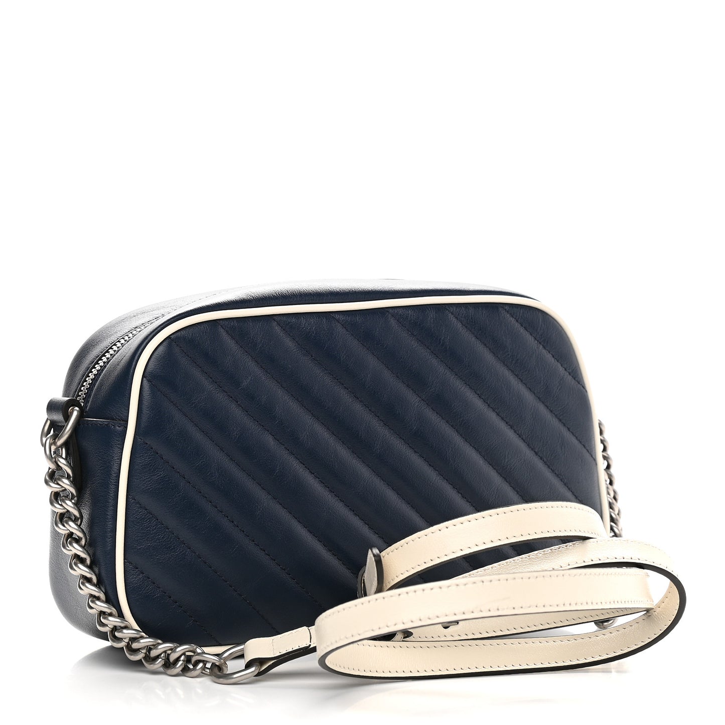 Vintage Effect Calfskin Matelasse Diagonal Small Torchon GG Marmont Chain Shoulder Bag Blue Agata Mystic White