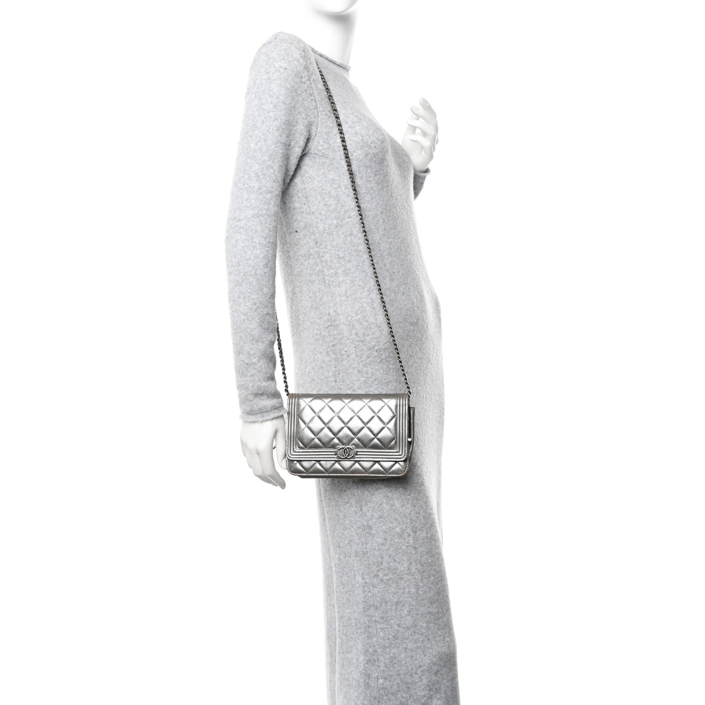 Metallic Calfskin Quilted Boy Wallet On Chain WOC Silver