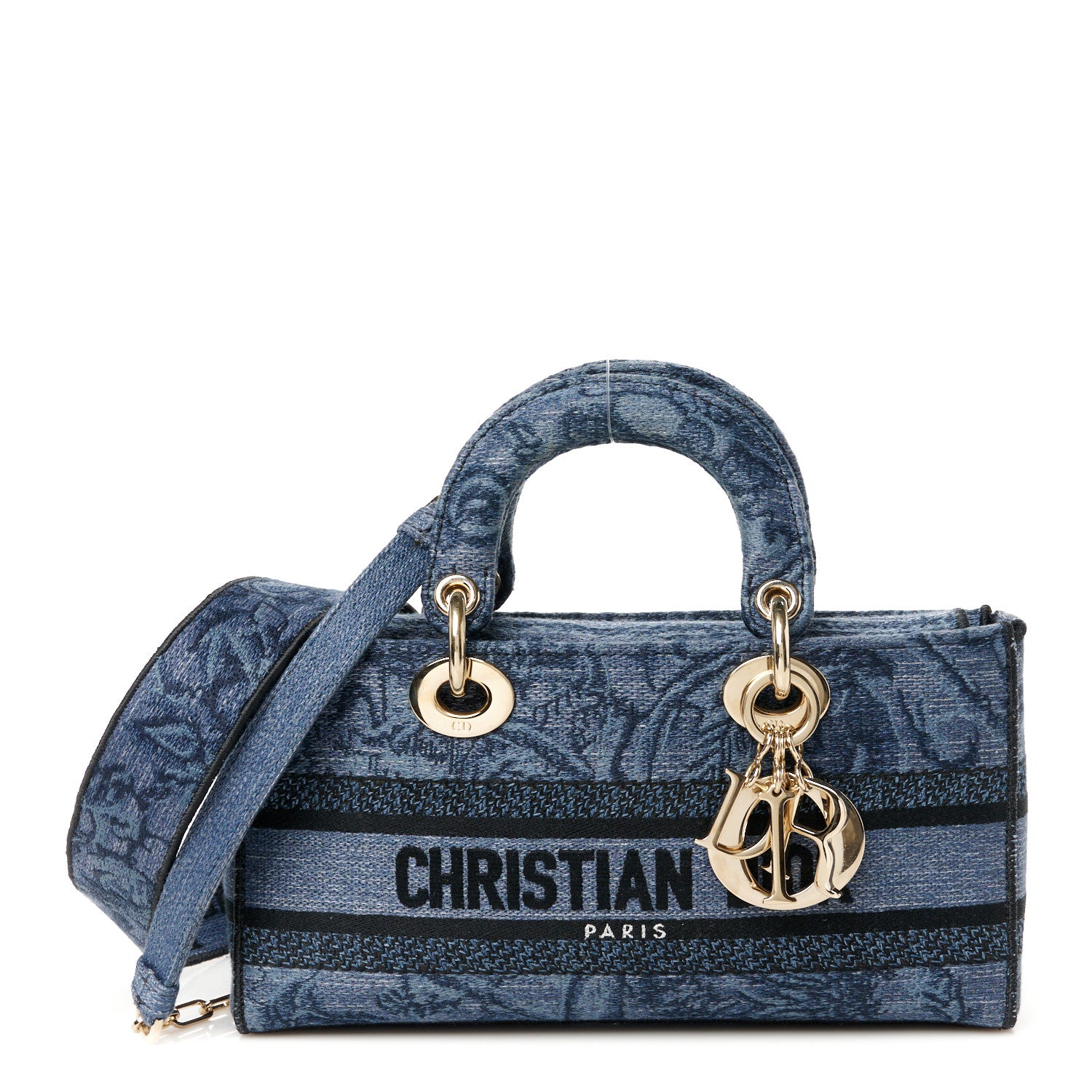 Christian Dior Canvas Toile De Jouy Embroidered Medium Lady D-Joy Blue Black 1 of 9