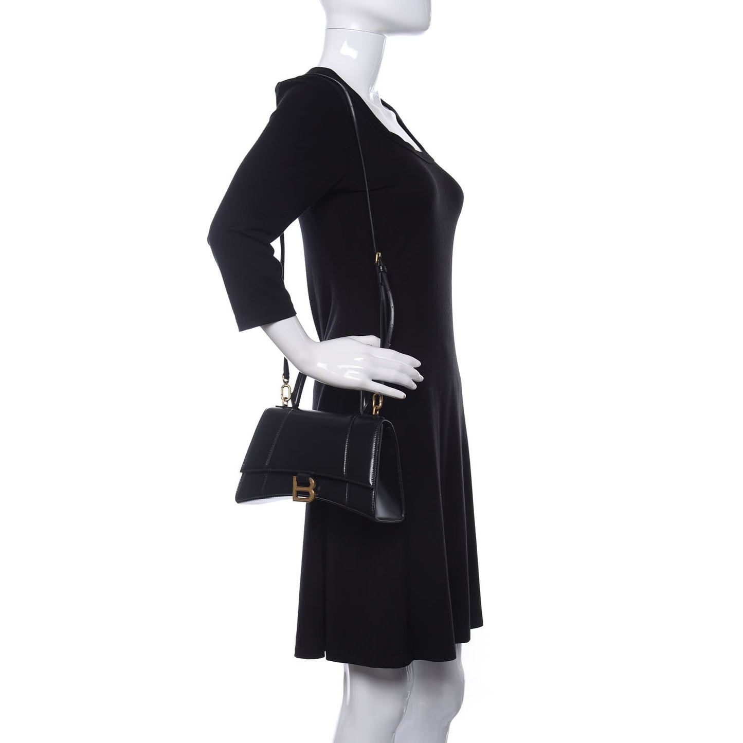 Shiny Box Calfskin Small Hourglass Top Handle Bag Black