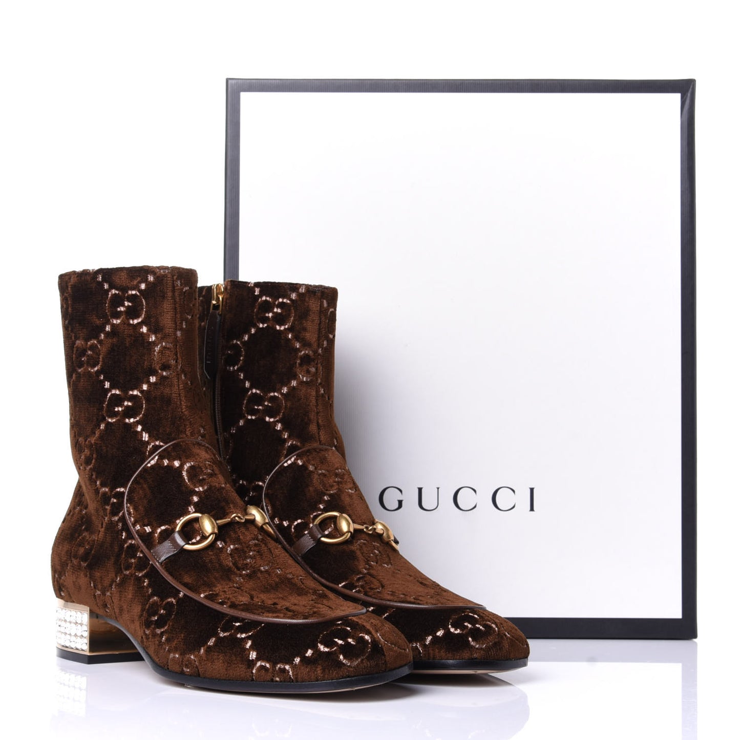 Velvet GG Monogram Crystal Horsebit Ankle Boots 39 Brown Vintage Cocoa