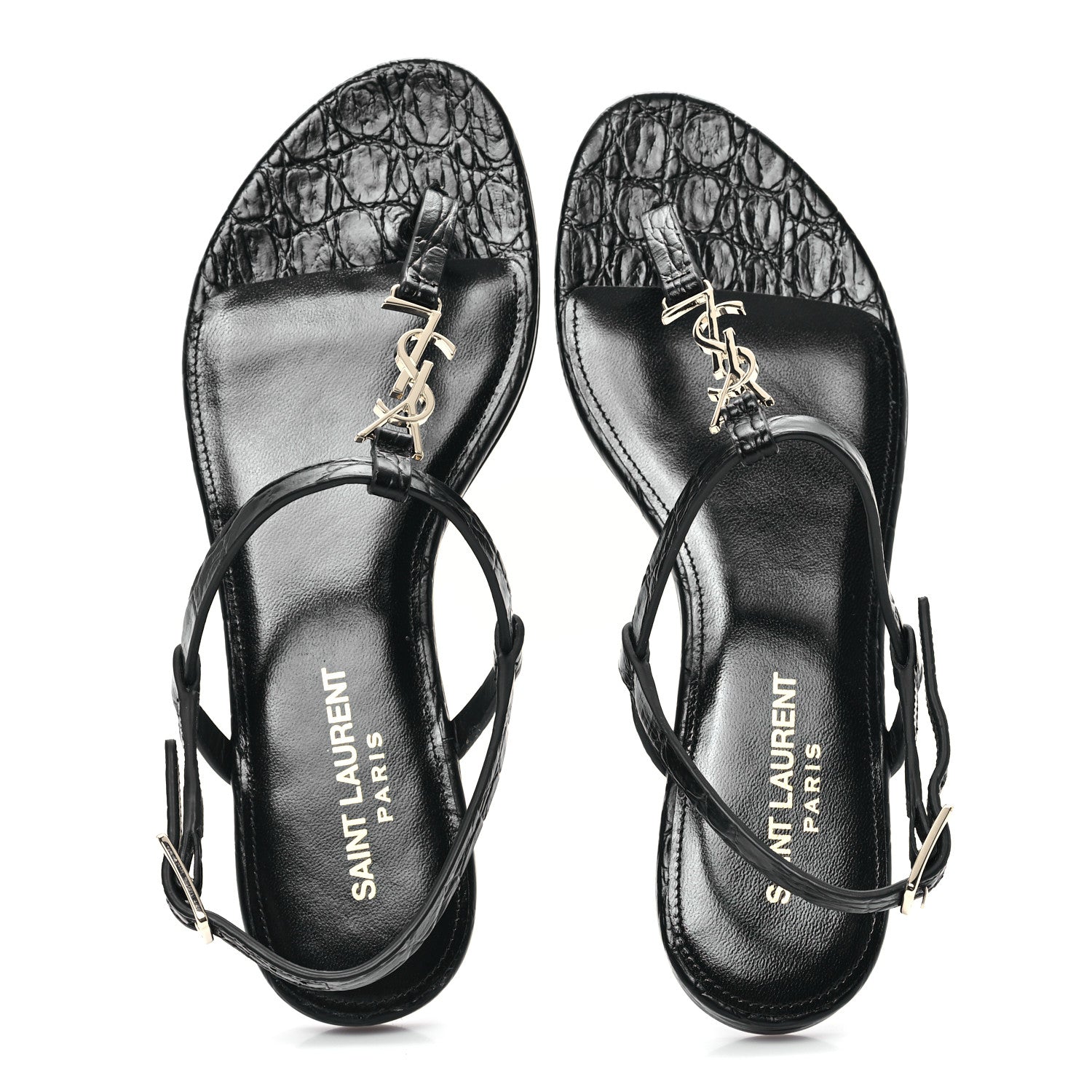 Saint Laurent Calfskin Crocodile Embossed Cassandra Monogram Sandals 35.5 Black 2 of 11