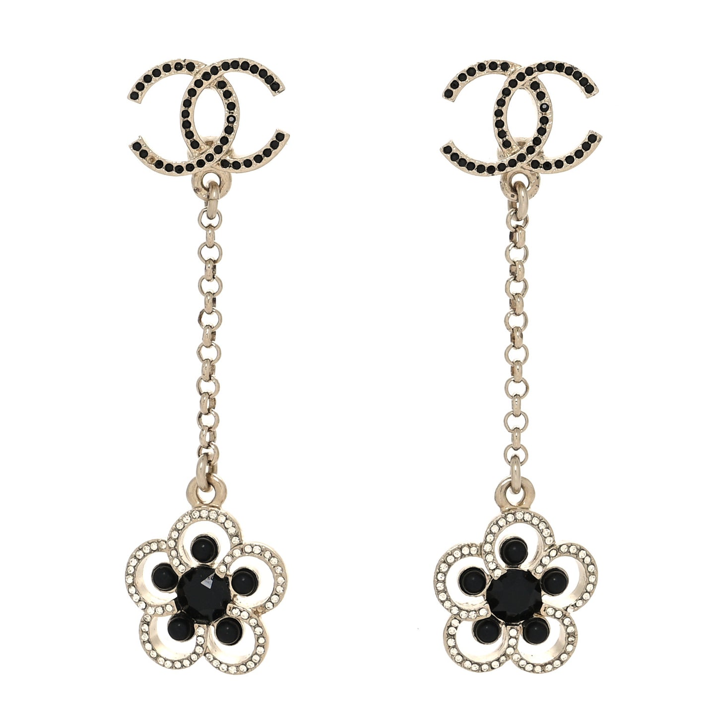 Crystal CC Camellia Drop Earrings Black Gold