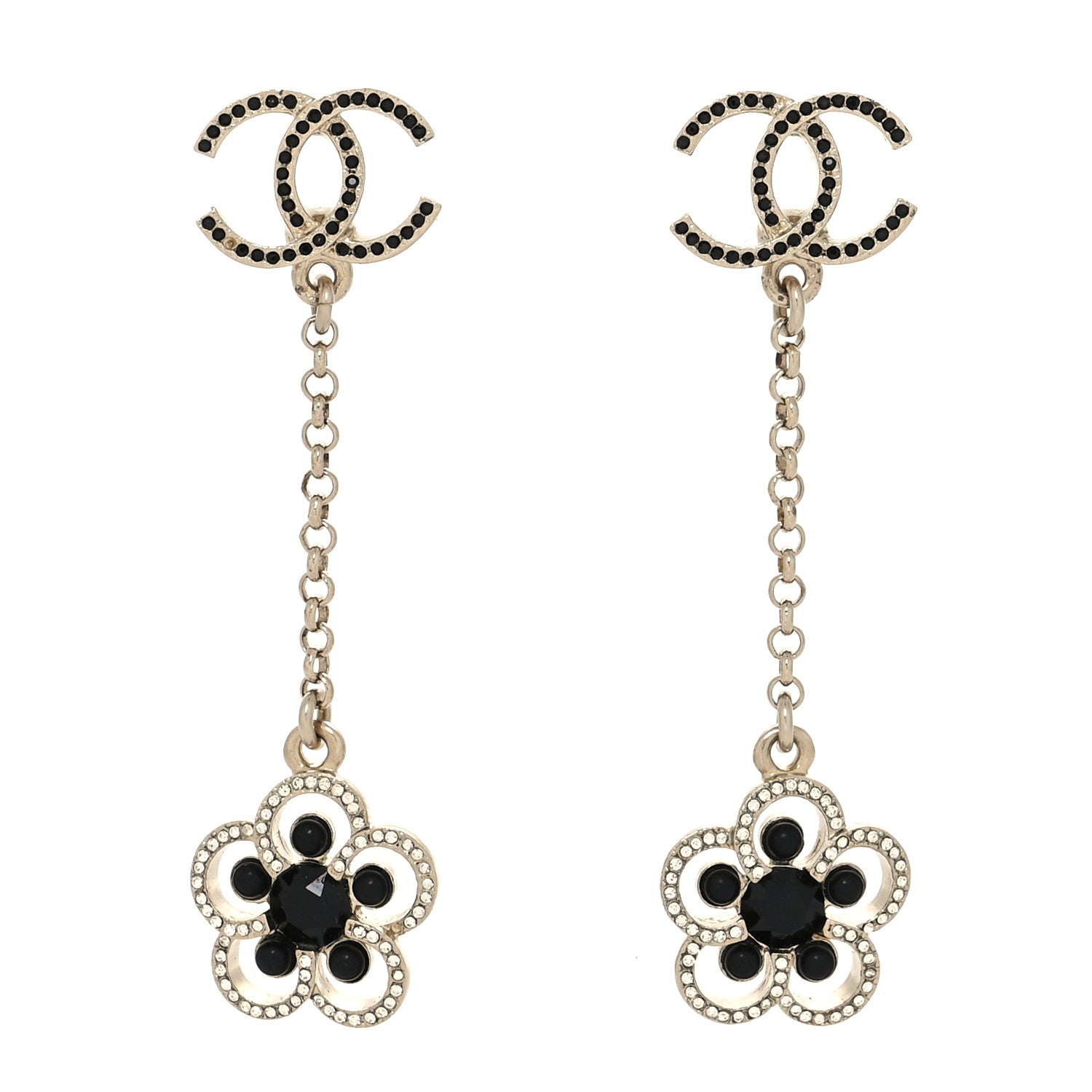 Chanel Crystal CC Camellia Drop Earrings Black Gold 1 of 4