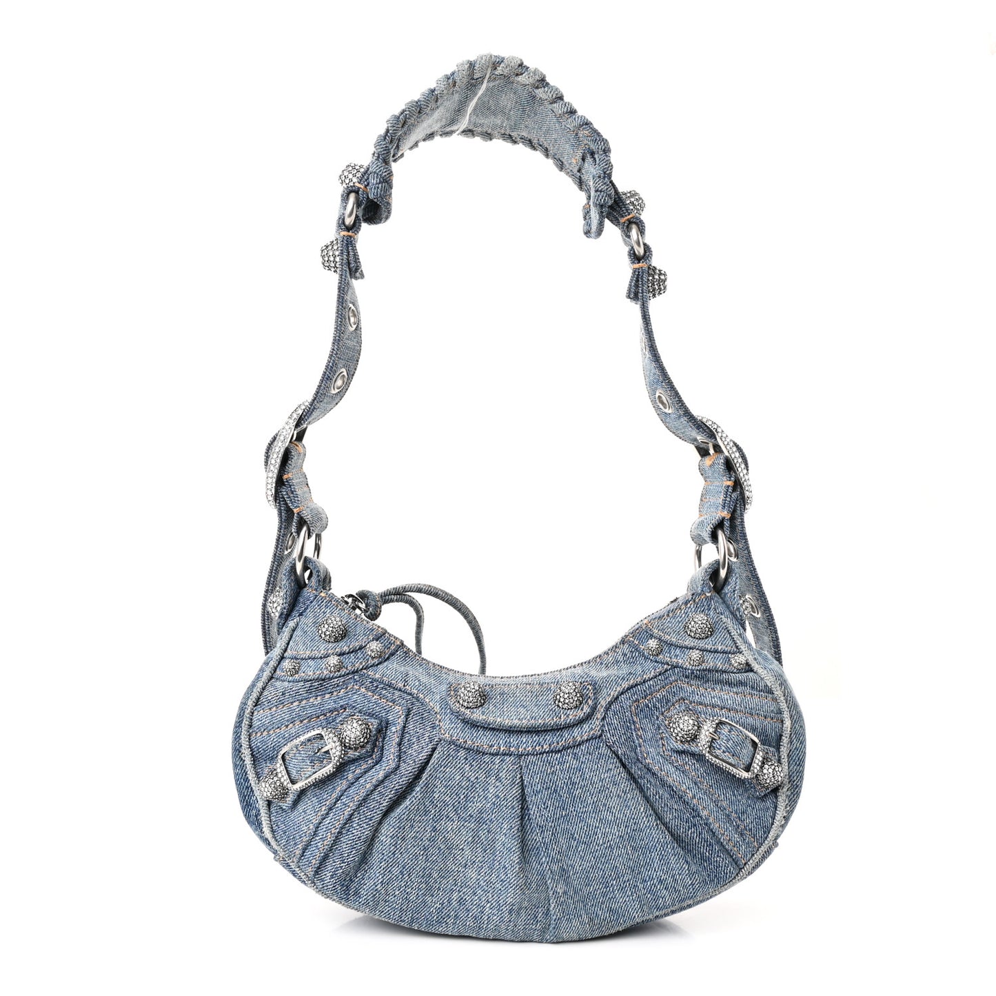 Washed Frayed Denim Crystal Small Le Cagole Shoulder Bag XS Blue