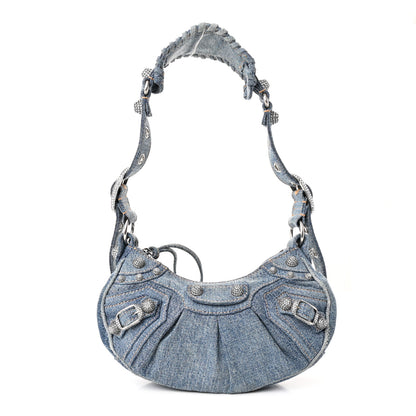 Balenciaga Washed Frayed Denim Crystal Small Le Cagole Shoulder Bag XS Blue 1 of 11