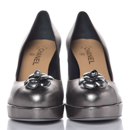 Chanel Metallic Calfskin Camellia Pumps 40 Grey 2 of 8