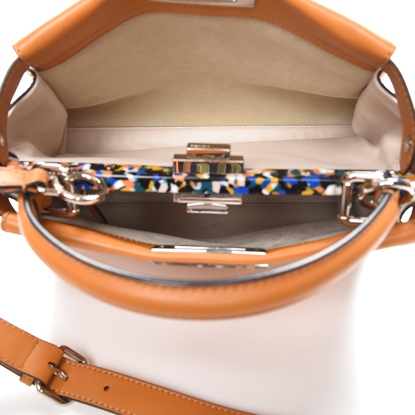 Vitello Seta Shiny Nappa Plexiglass Granite Medium Peekaboo Iconic Satchel Ginger Latte