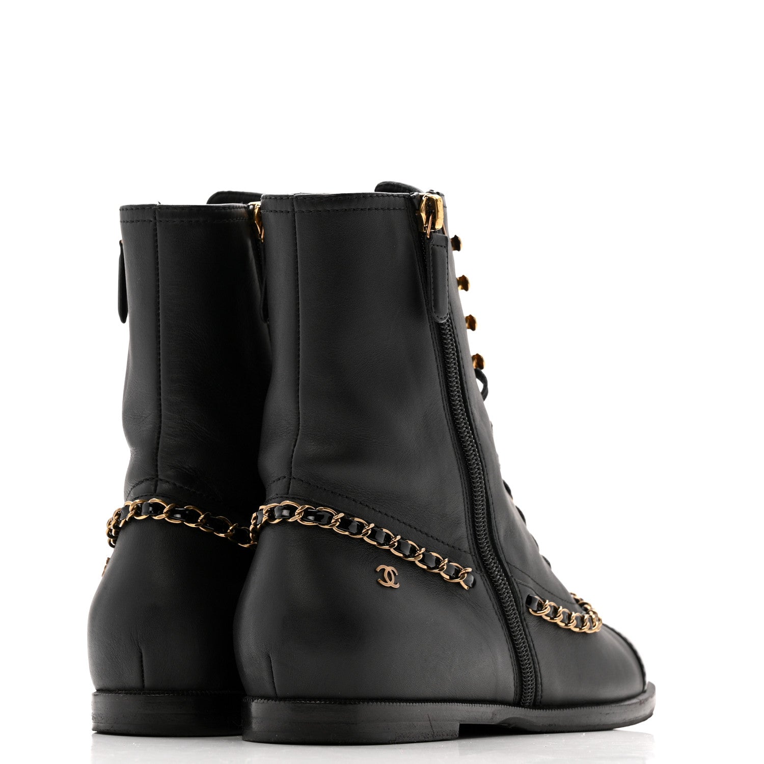 Chanel Calfskin Chain Lace Up Boots 38.5 Black 5 of 12
