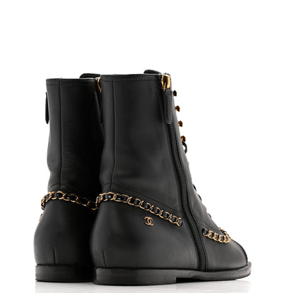 Chanel Calfskin Chain Lace Up Boots 38.5 Black 5 of 12