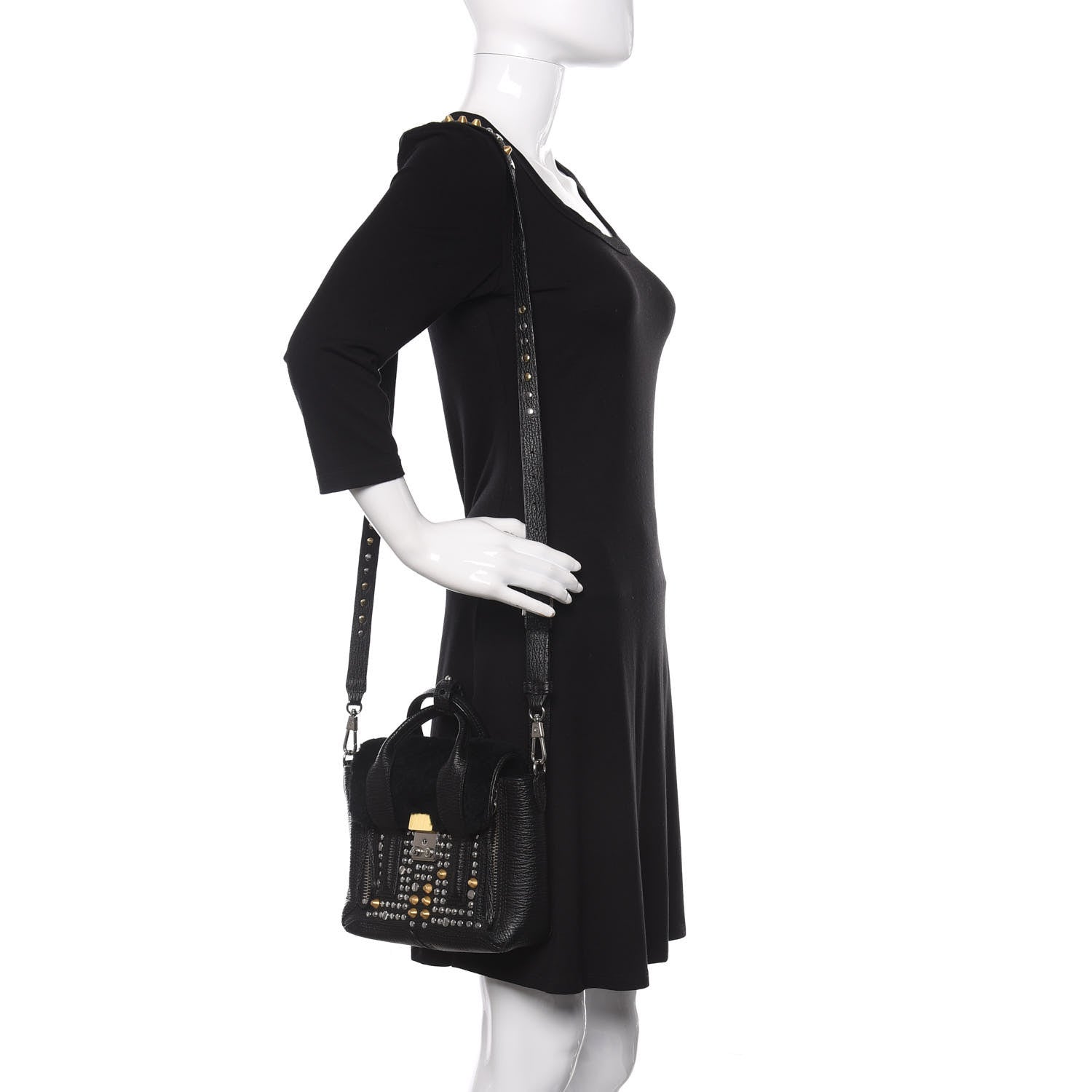 3.1 Phillip Lim 3.1 Textured Calfskin Shearling Studded Mini Pashli Satchel Black 2 of 9