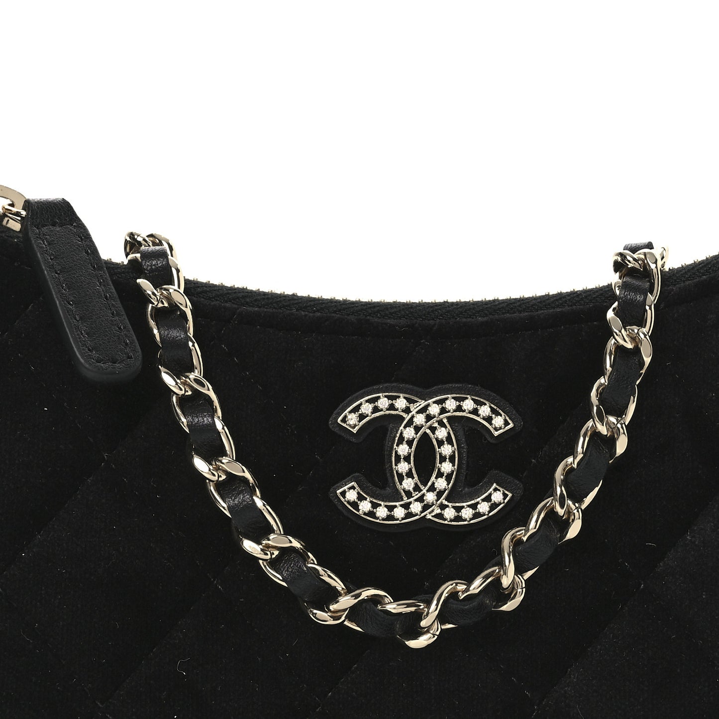 Velvet Crystal Quilted Chain Hobo Black