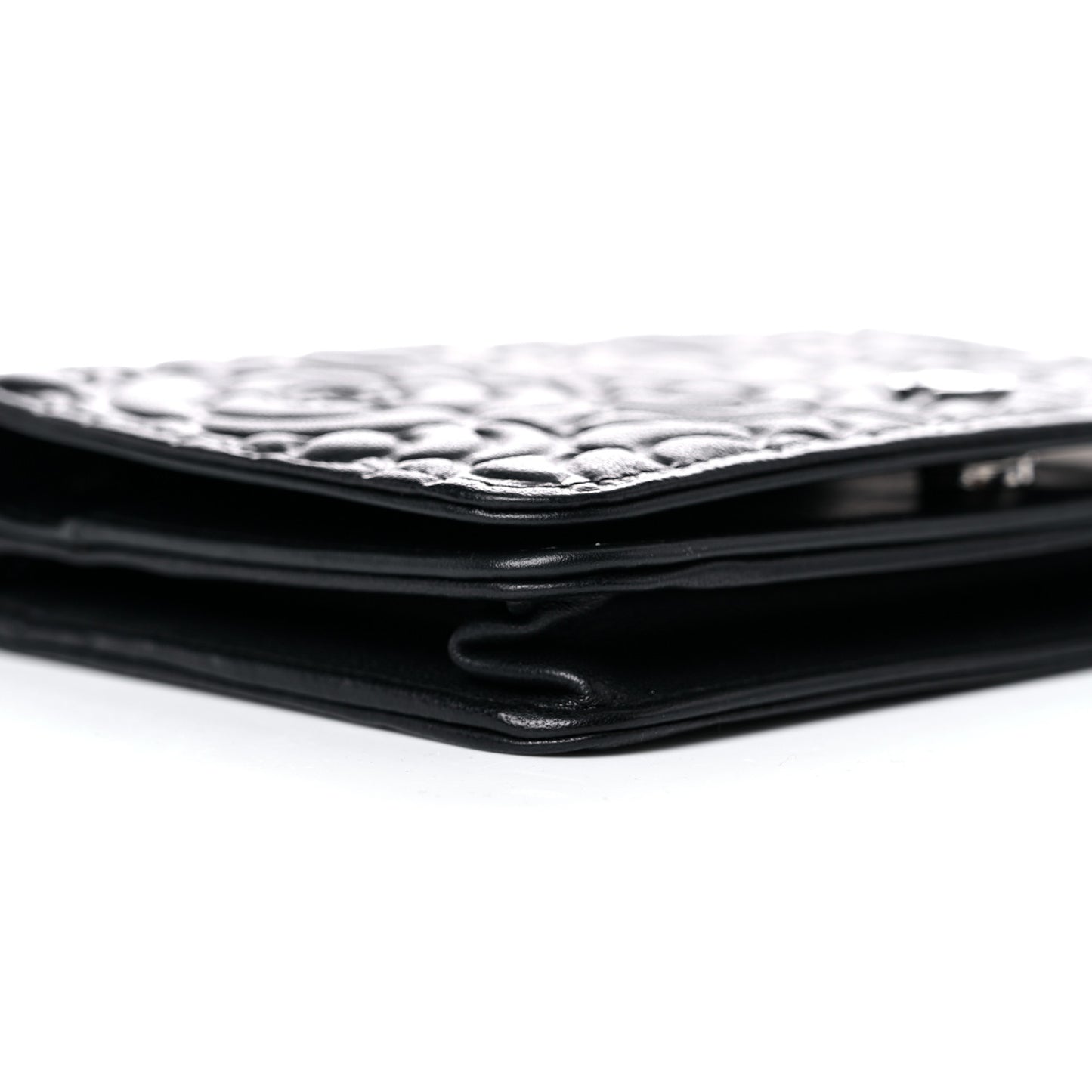 Lambskin Camellia Embossed Wallet on Chain WOC Black
