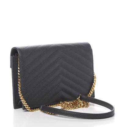 Saint Laurent Grain De Poudre Matelasse Chevron Monogram Envelope Chain Wallet Dark Smog 4 of 12