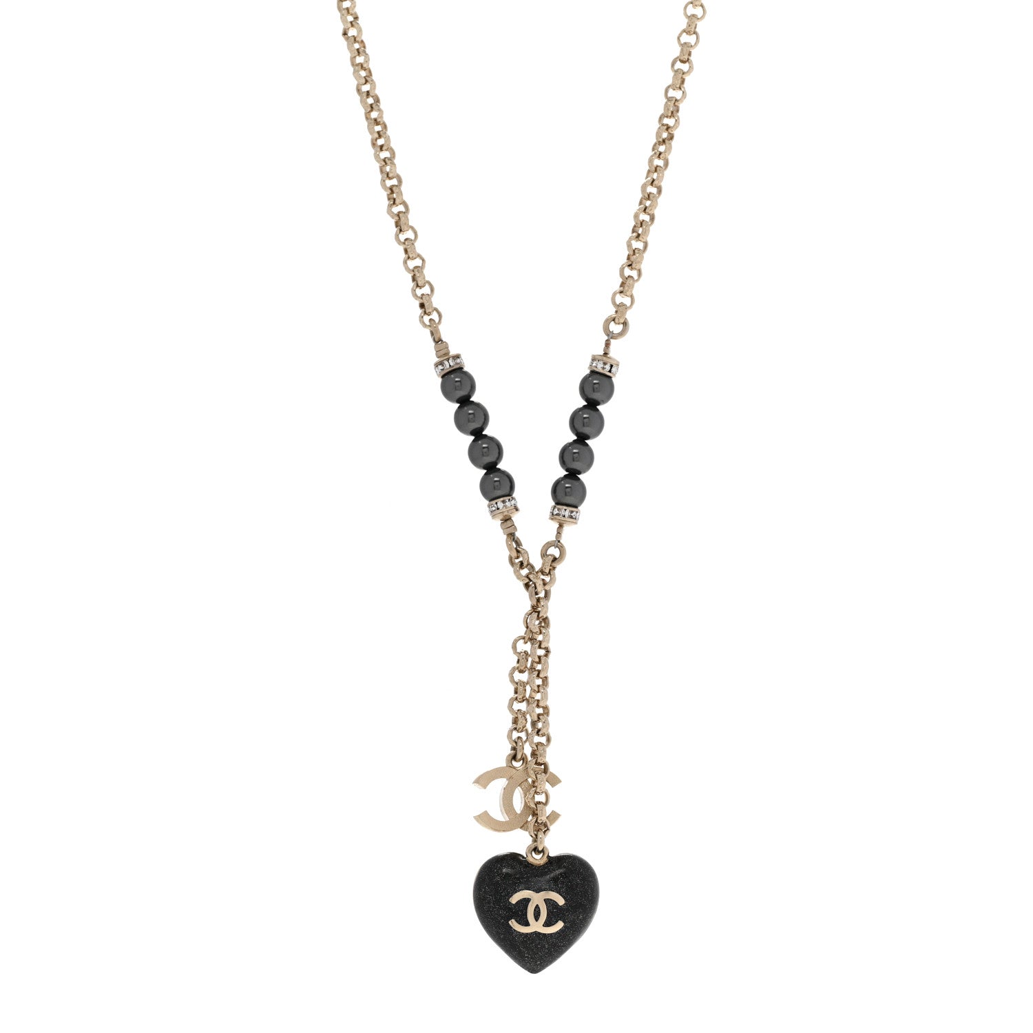 Chanel Resin Crystal Bead CC Heart Necklace Black Gold 1 of 10