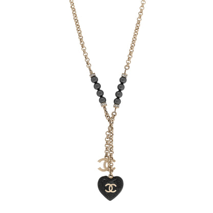 Chanel Resin Crystal Bead CC Heart Necklace Black Gold 1 of 10