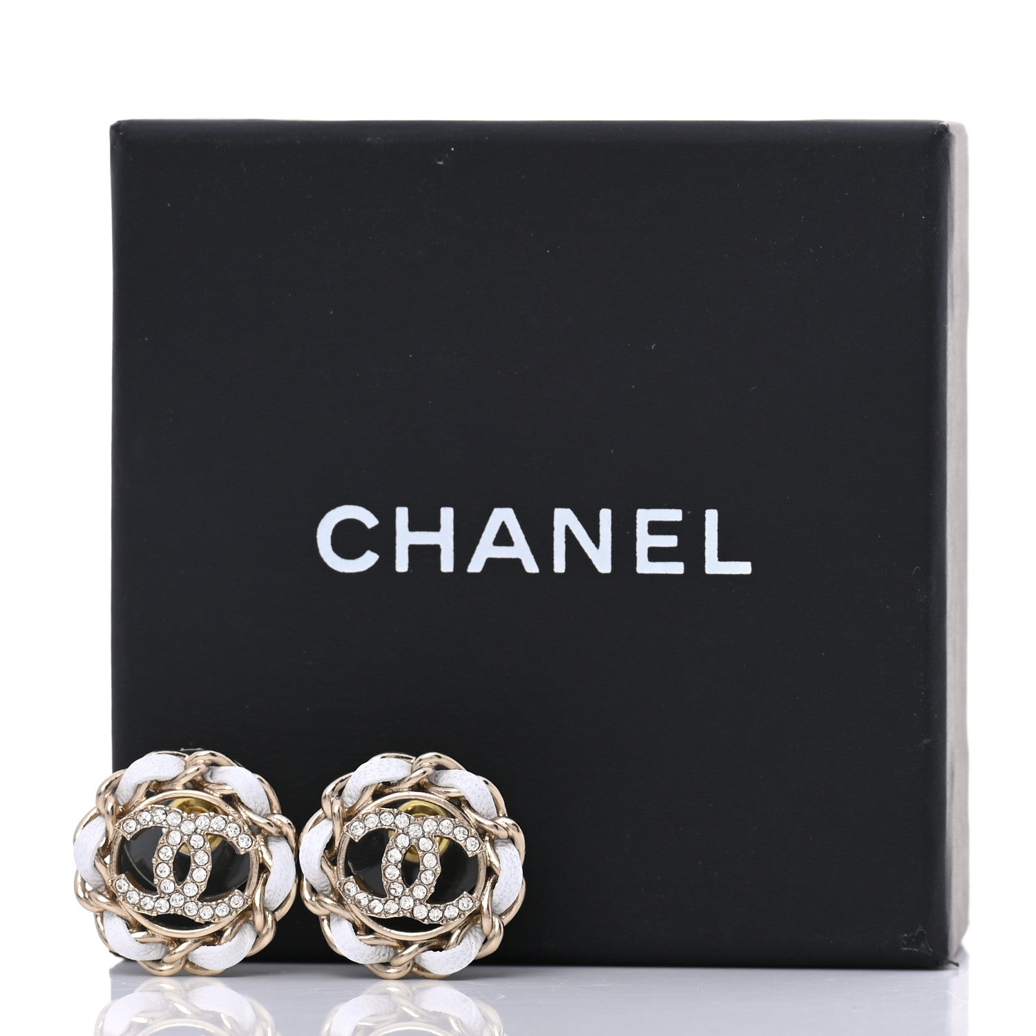 Chanel Crystal Lambskin Chain Around CC Earrings Light Gold White 5 of 5