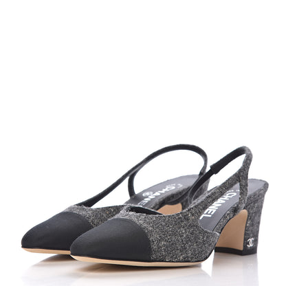 Chanel Tweed Grosgrain Cap Toe CC Slingback Pumps 37 Black Dark Grey 3 of 9