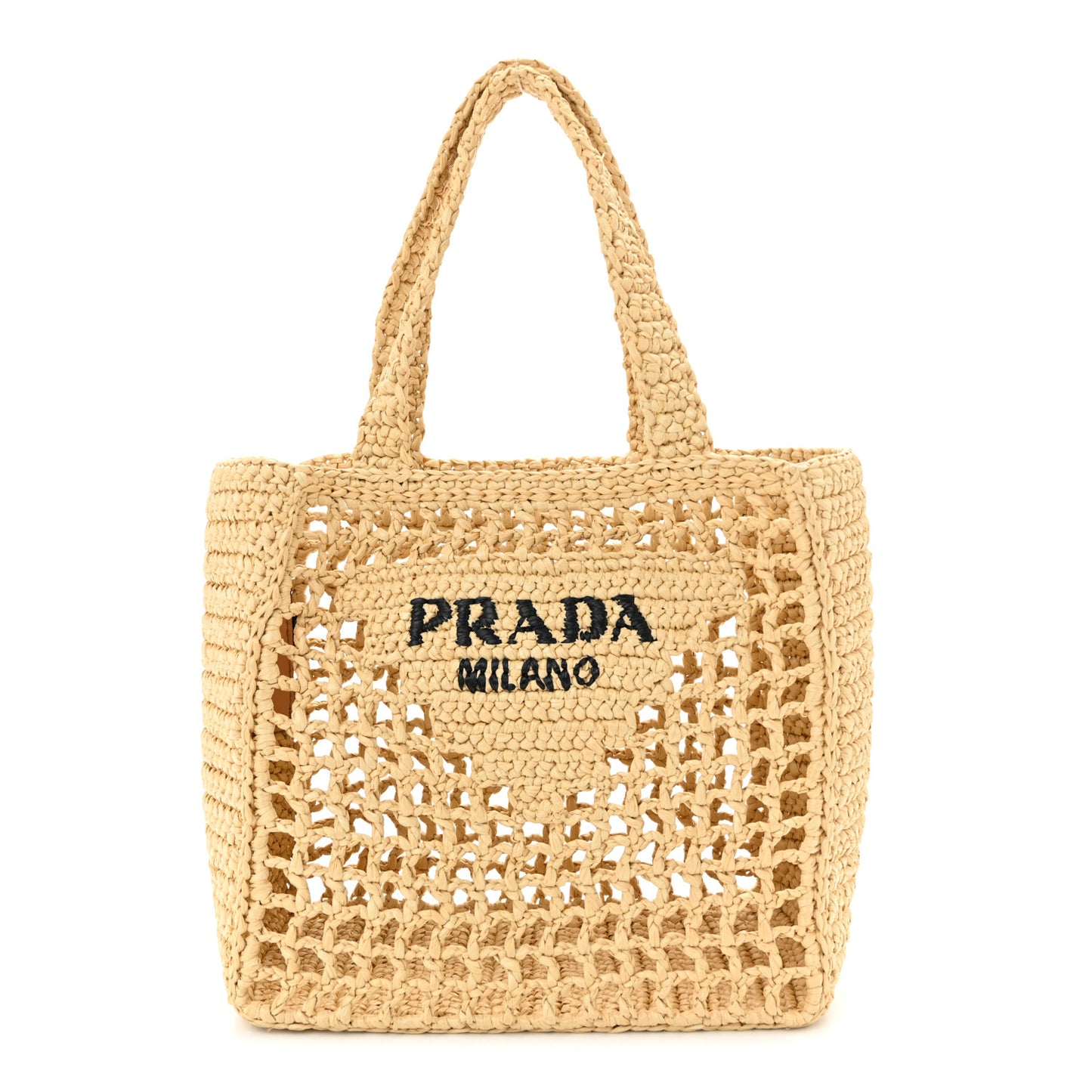 Yarn Raffia Effect Crochet Logo Embroidered Small Tote Bag Naturale